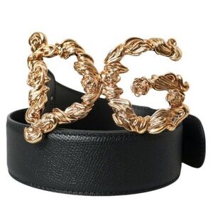 Dolce & Gabbana Black Leather Baroque Gold DG Logo Waist Buckle Women's Belt